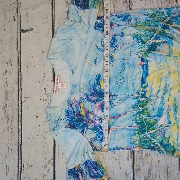 Leoma Lovegrove Blue Yellow Palm Tree Print Frilled Sleeve Tie Waist Top Shirt S - Picture 4 of 7